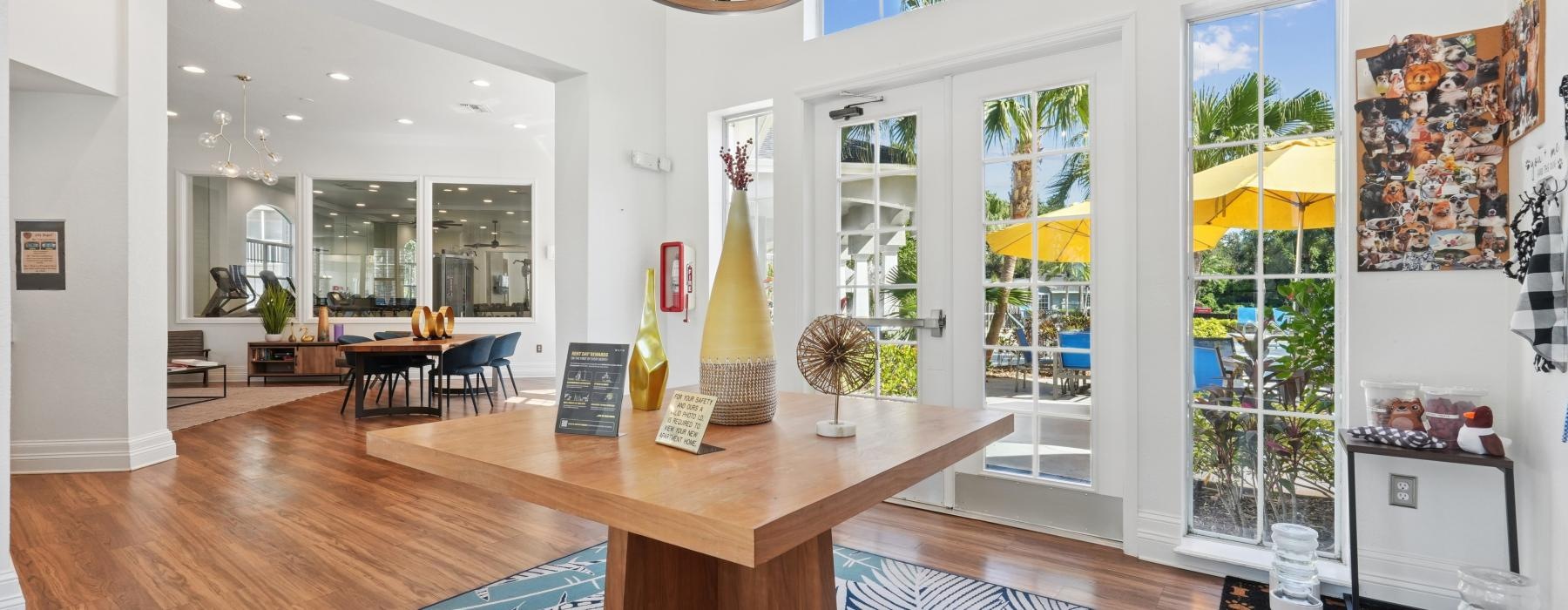 a living room with a large glass door